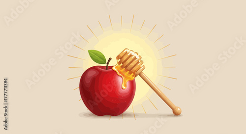 Illustration Of Apple With Honey Dipper Symbolizing Sweetness, Freshness and Rosh Hashanah
