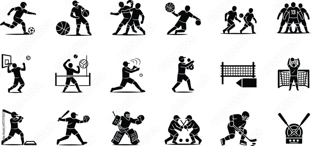 Naklejka premium Collection of diverse sports icons depicting athletes engaged in various athletic activities isolated on transparent background