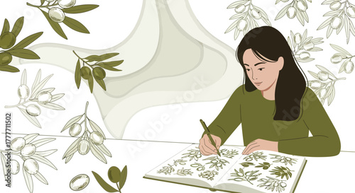Illustration Of Woman Sketching Olive Branches And Fruit With Elegant Design