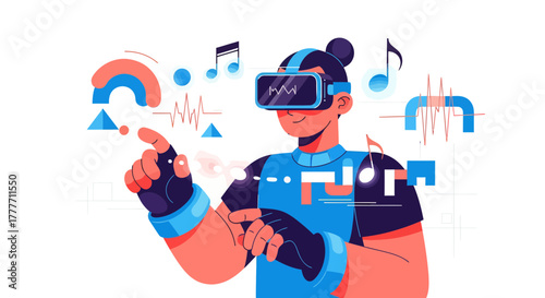 Immersive Virtual Reality Future: Digital Interface, Music Notes, and Tech Interaction