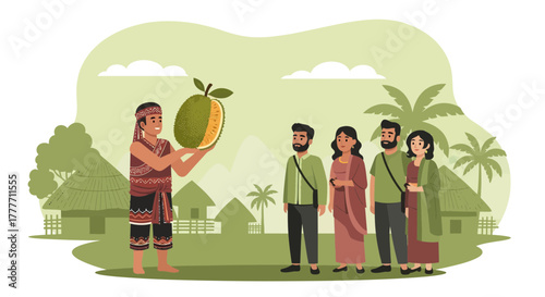 Indigenous Guide Presenting Exotic Fruit To Tourists In Tropical Village Setting