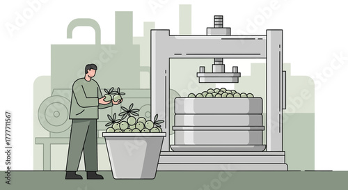 Industrial Processing Of Crop In Factory Setting With Person and Machine Equipment