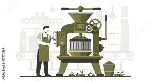 Industrial Olive Oil Extraction Illustration: Machine And Craftsman Depicting Food Production