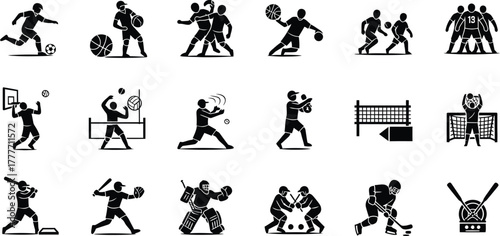 Collection of diverse sports icons depicting athletes engaged in various athletic activities isolated on transparent background