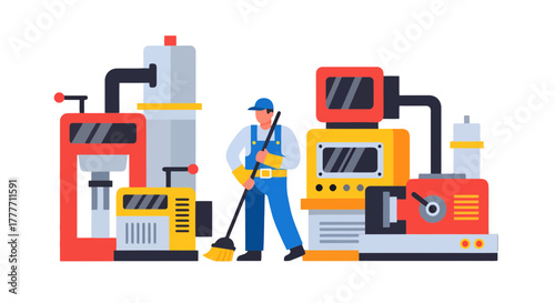 Industrial Worker Sweeping Floor By Complex Machinery In A Graphic Flat Design