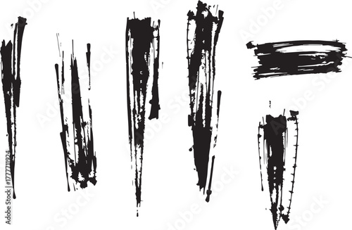 Brush set. Vector black paint brush spots, highlighter lines or felt-tip pen marker. Ink smudge abstract shape stains and smear set with texture