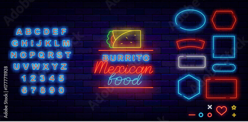Burrito, Mexican food neon label. Mexico street eating. South America or India national kitchen. Vector stock illustration