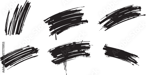 Brush set. Vector black paint brush spots, highlighter lines or felt-tip pen marker. Ink smudge abstract shape stains and smear set with texture