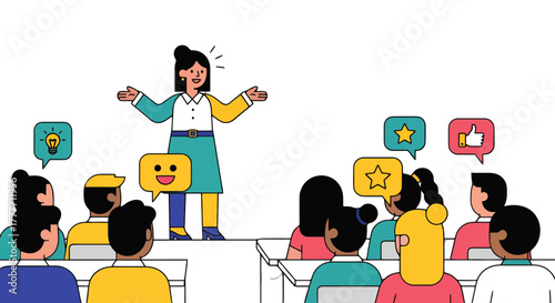 Inspiring Speaker Presenting To Audience With Positive Feedback Bubbles Illustration