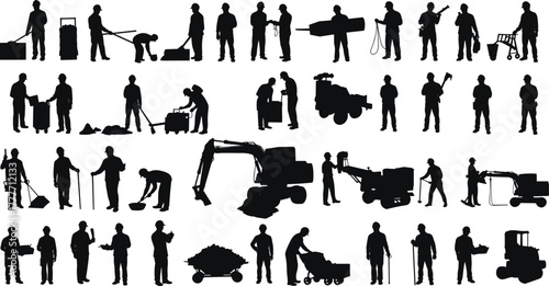 teamwork, labor, industrial site, excavator, forklift, tools, digging, lifting, building, equipment, safety, engineering, infrastructure, manual work, construction site, worker poses, jobsite