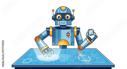 Intelligent Robot Technician Inspecting Microchip On A Futuristic Digital Board