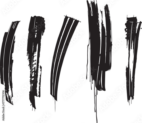 Brush set. Vector black paint brush spots, highlighter lines or felt-tip pen marker. Ink smudge abstract shape stains and smear set with texture