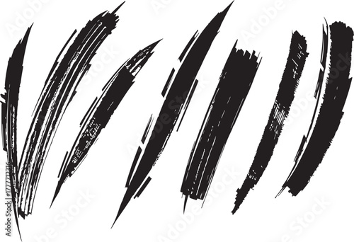 Brush set. Vector black paint brush spots, highlighter lines or felt-tip pen marker. Ink smudge abstract shape stains and smear set with texture