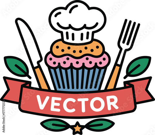 Cute cupcake chef hat, knife and fork, bakery logo vector icon