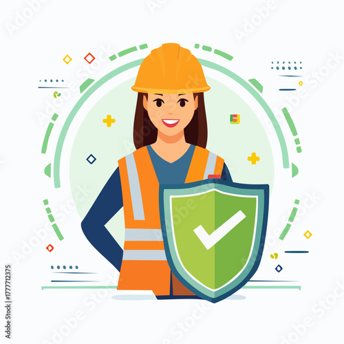 vector of worker with helmet and shield, industrial safety concept, flat clean design, greenscreen