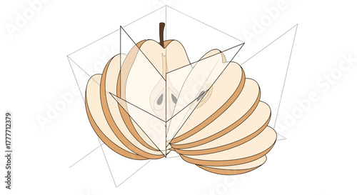 Isometric Pear Anatomy Illustrating Sliced Segments and Geometric Spatial Arrangement
