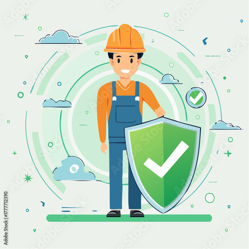vector of worker with helmet and shield, industrial safety concept, flat clean design, greenscreen