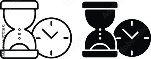 Hourglass and Clock Icon – Time Management and Deadline Symbol or Vector Silhouette. .eps