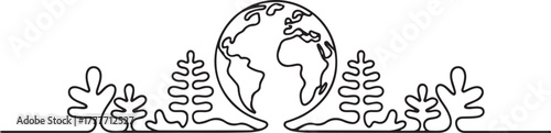 Earth Day World Globe One Line Drawing with Foliage Trees. Environment Concept