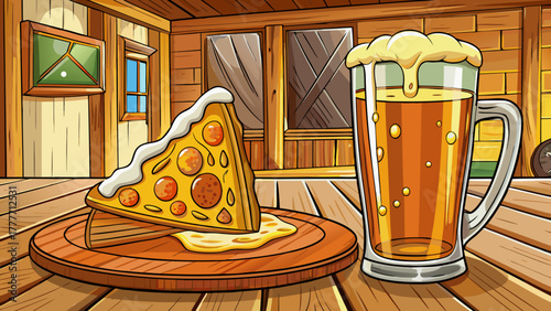 Very beautiful amber beer poured into a tall glass beside a toasted pizza on a wooden table in a rustic kitchen, evoking warmth and comfort.