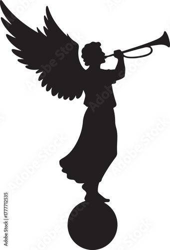 Angel blowing trumpet silhouette standing on sphere vector illustration