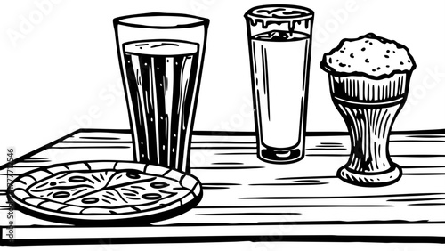 Very beautiful amber beer poured into a tall glass beside a toasted pizza on a wooden table in a rustic kitchen, evoking warmth and comfort.