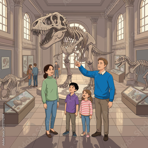 A family exploring the dinosaur exhibit together in a grand museum filled with ancient fossils and history