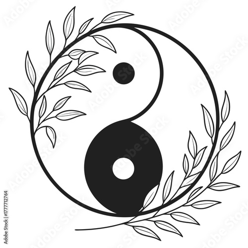 Circular minimal logo where a smooth curved line divides the circle into yin-yang inspired balance form, monochrome vector with subtle symmetry.