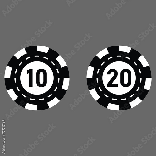 Poker chips icons vector set. Casino poker chip symbol. Gamble graphic elements collection. Gambling coins, tokens with card signs, poker chips.