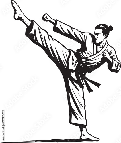 Powerful Karate Kick Illustration in Black and White Martial Arts Practice