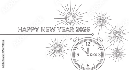 Happy new year 2026 celebration with fireworks and clock striking midnight design