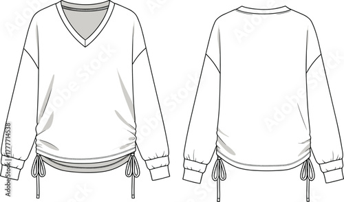 Fashion sketch, technical pullover illustration, V-neck top, long sleeve, adjustable hem, ribbed cuffs, garment design, apparel template, vector drawing