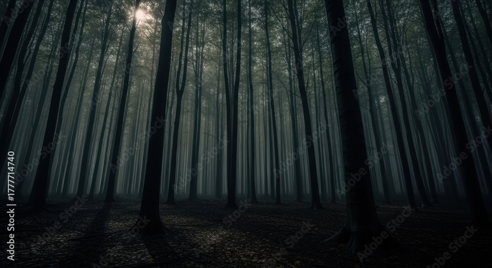 Fototapeta premium Sunbeams pierce a dark, foggy forest canopy with tall trees.