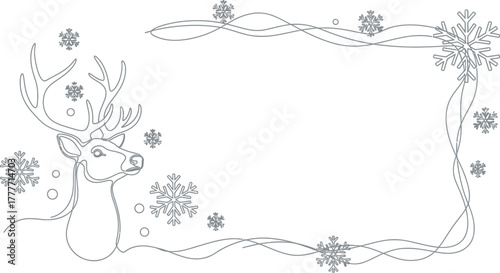 Elegant christmas frame with reindeer and snowflakes in minimalist line art style