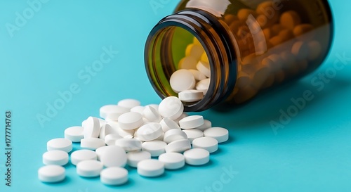 A brown glass medicine bottle tipped over spilling white pills onto a bright teal background