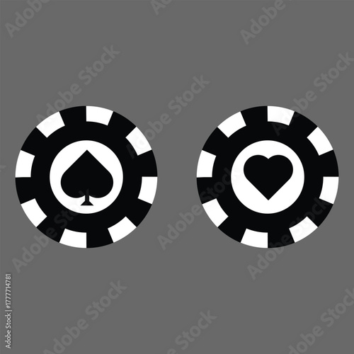 Poker chips icons vector set. Casino poker chip symbol. Gamble graphic elements collection. Gambling coins, tokens with card signs, poker chips.