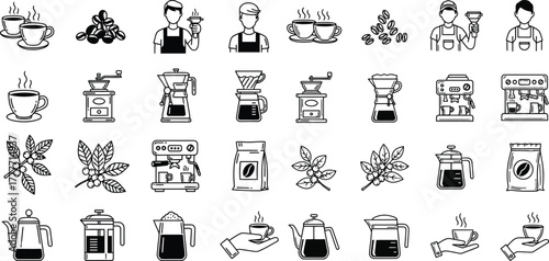 Home barista and coffee making outline icons set