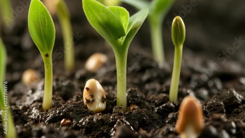 Macro time-lapse of cucumber seeds germinating in moist fertile soil. Green shoots breaking through the earth, symbolizing spring growth and renewal. Sharp detail, cinematic lighting, 8K UHD.