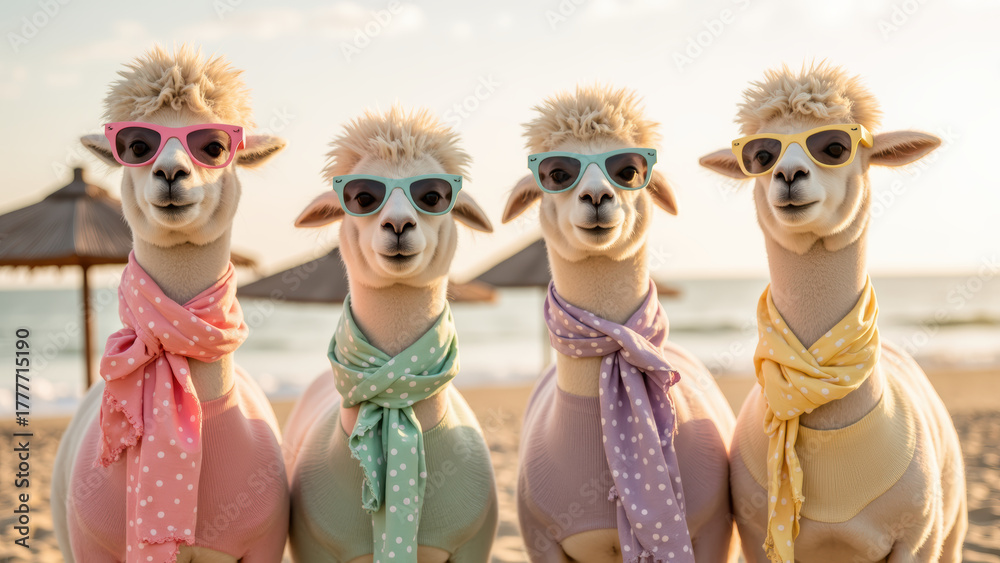 Fototapeta premium Four stylish llamas wearing sunglasses and colorful scarves pose on beach, exuding fun and relaxed vibe