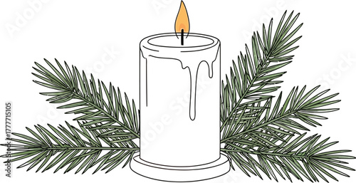 Lit candle surrounded by evergreen branches on a white background illustration