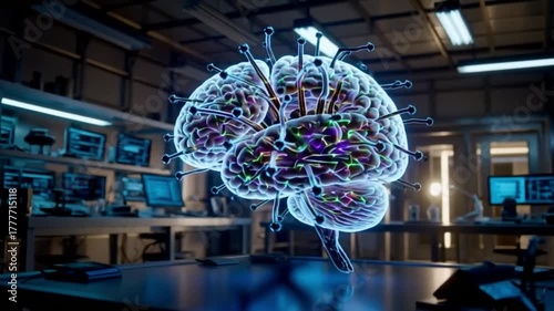 Futuristic glowing human brain with neural network connections and probes in a high tech laboratory setting with computer monitors