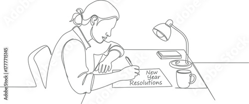 Woman writing new year resolutions at desk in continuous line art drawing