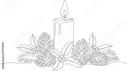 Continuous line drawing of a christmas candle with pine cones and holly leaves