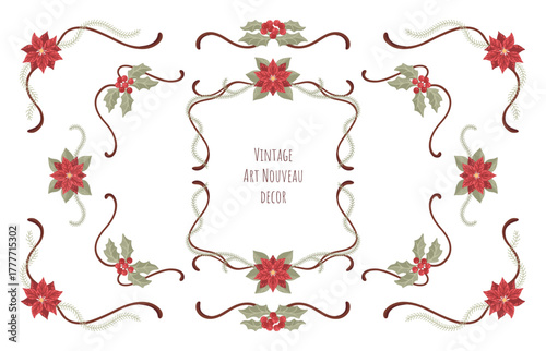 Art Nouveau vintage decor with poinsettia flowers and berries. Decorative element for winter postcards. Vector.