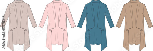 Modern vector fashion flats of women's long open-front cardigans in soft pink, beige, teal, and brown, perfect for apparel design and versatile casual wear concepts
