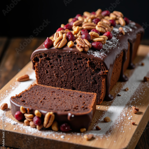 Decadent chocolate loaf cake topped with nuts and berries, perfect for dessert lovers. Indulge in this rich, sweet treat