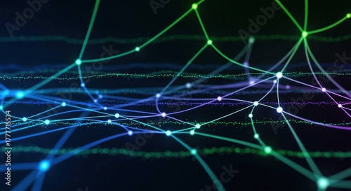 A colorful, abstract network of lines and dots against a dark background.