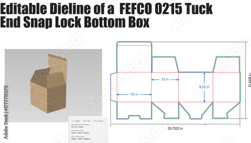 Box template diagram with dimensions and 3d model packaging