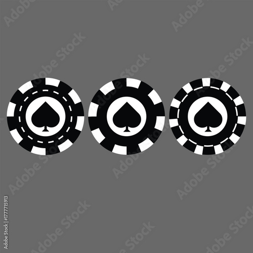 Poker chips icons vector set. Casino poker chip symbol. Gamble graphic elements collection. Gambling coins, tokens with card signs, poker chips.