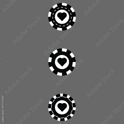 Poker chips icons vector set. Casino poker chip symbol. Gamble graphic elements collection. Gambling coins, tokens with card signs, poker chips.